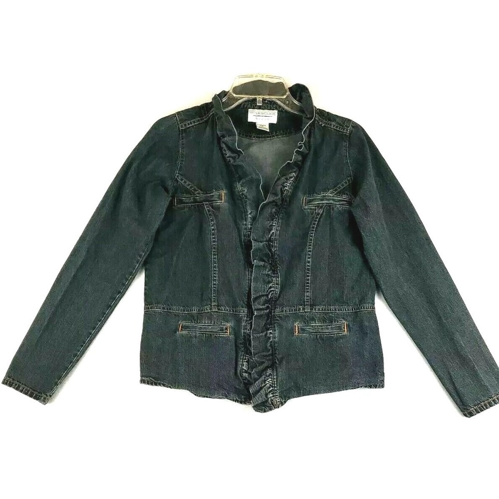 Wrangler Women S Denim Jacket Blue Ruffled Fitted Split Cuff Snap Front LB32519